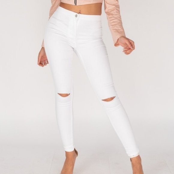 Pants - White High Waist Ripped Distressed Skinny Denim Jeggings Pants